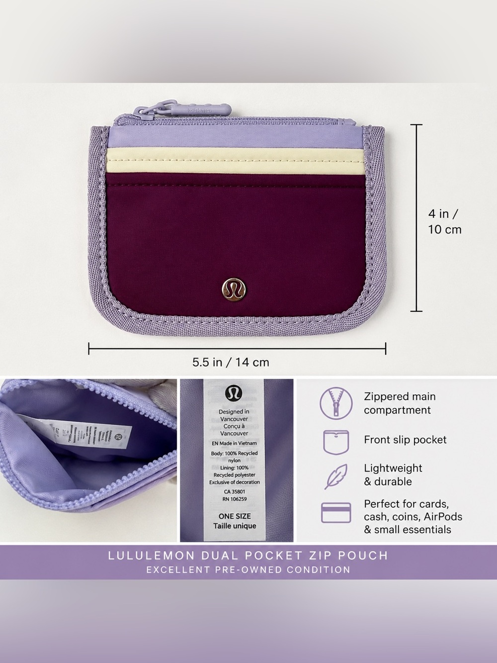 Lululemon Dual Pocket Zip Pouch Coin Card Holder Purple Lavender EUC
